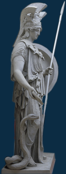 Marble statue of the goddess Athena wearing a helmet with three crests, holding a spear and a shield, and standing next to a snake.