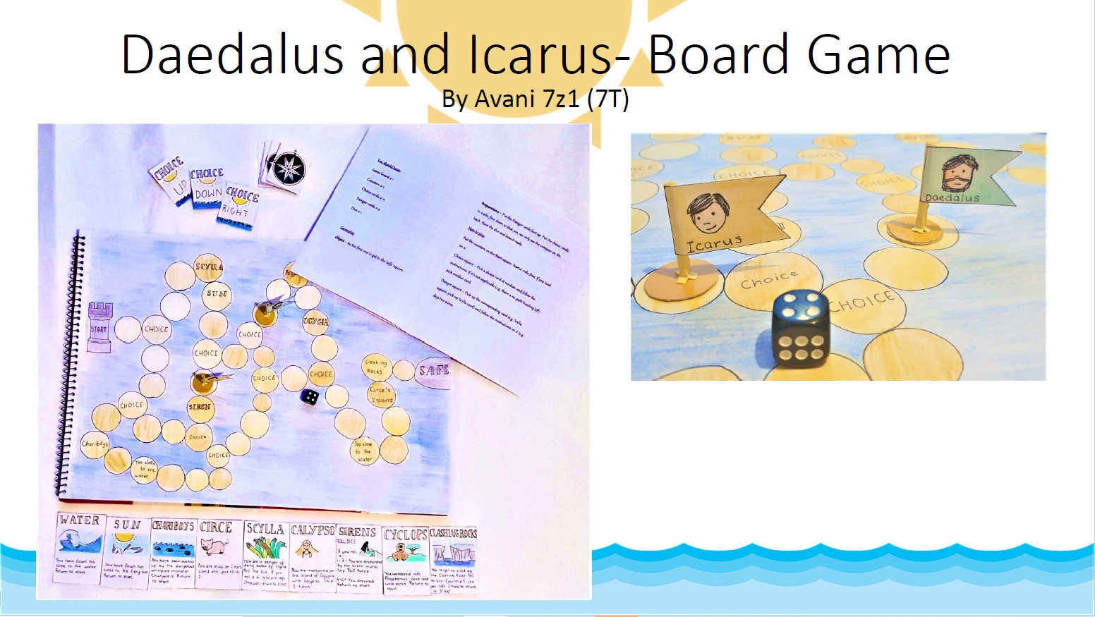 An image of components of a board game playing out the fate of Daedalus and Icarus.