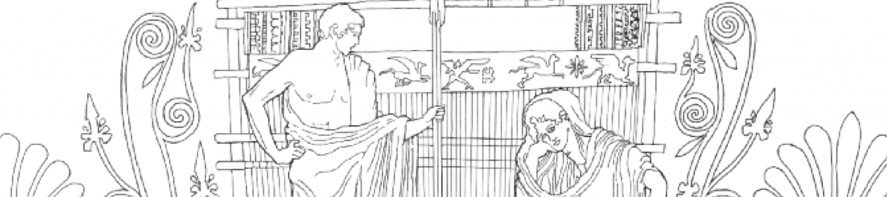 Line drawing of Penelope and Telemachus. Penelope sits at her loom resting her chin on her hand, and Telemachus stands beside her holding a spear.