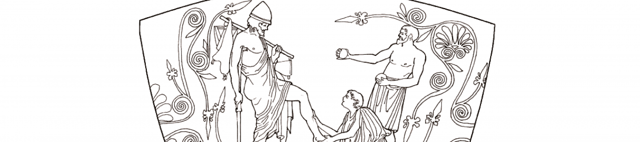 Line drawing of Eurycleia recognising Odysseus, who is disguised as an old man, as she washes his feet.