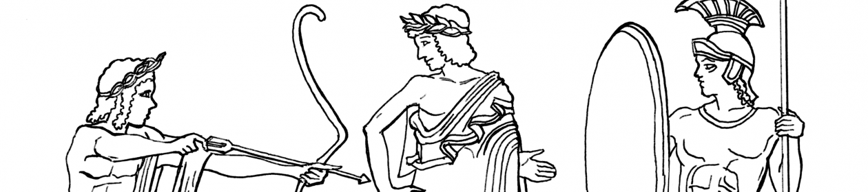 Line drawing of Paris, naked, firing an arrow towards the armoured Achilles. The arrow passes by Apollo, who directs it towards the ankle of the hero.