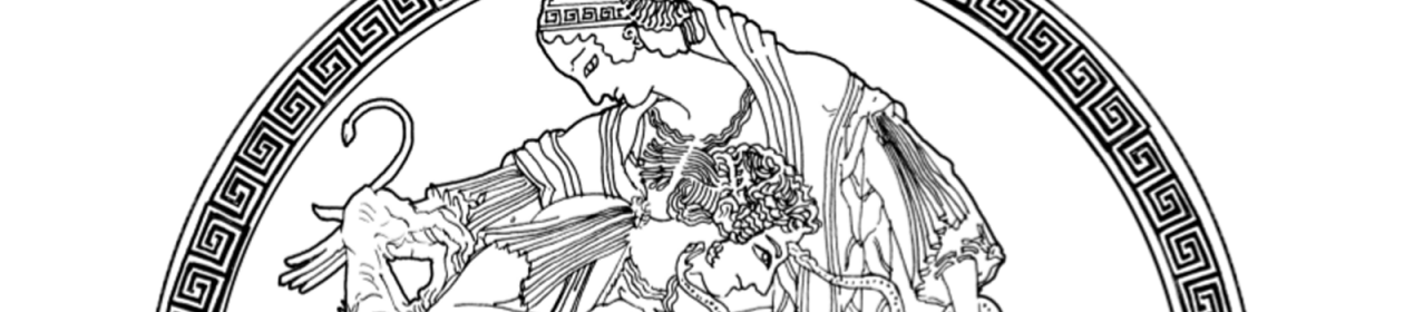 Line drawing of Peleus and Thetis surrounded by a circular Greek key border.