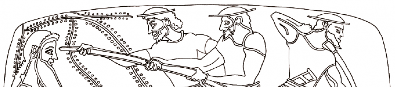 Line drawing of Odysseus and his crew blinding the cyclops with a sharpened stake.