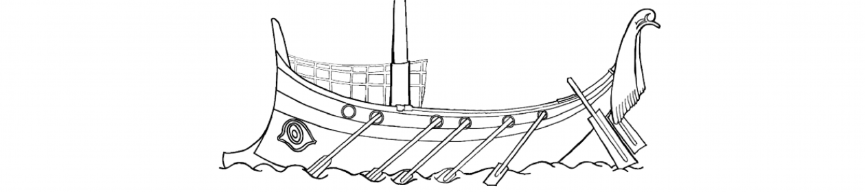 Line drawing of a Greek ship with a single mast and an eye painted on the prow.