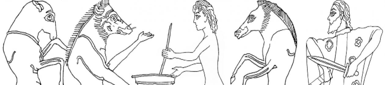 Line drawing of Circe, surrounded by human-animal hybrids and with a dog at her feet, stirs a bowl full of potion. On the right, Odysseus draws his sword.