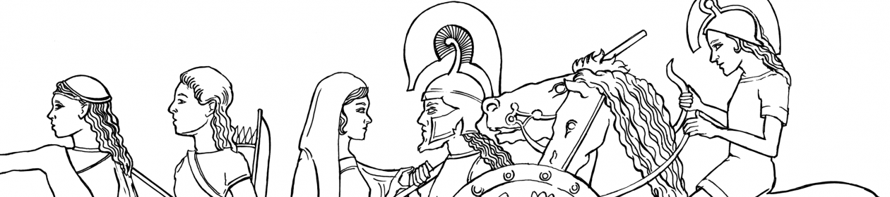 Line drawing. In the centre Andromache, her head covered, converses with Hector, wearing full armour.