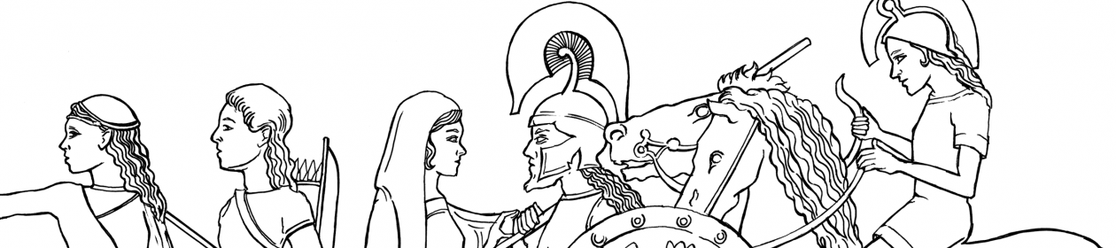 Line drawing. In  the centre Andromache, her head covered, converses with Hector, wearing full armour.