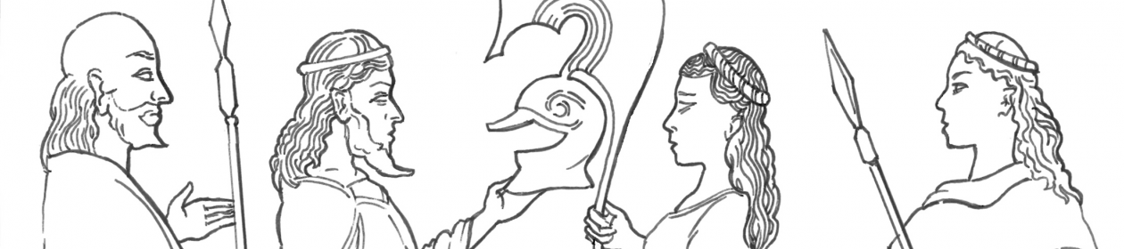 Line drawing of Achilles receiving his new helmet and shield from his mother Thetis. A male and a female figure stand on either side of them holding spears.