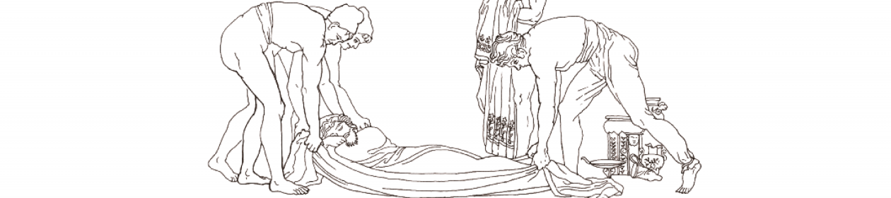 Line drawing of the sleeping Odysseus being carried ashore by the Phaeacians, along with gifts from Alcinous.