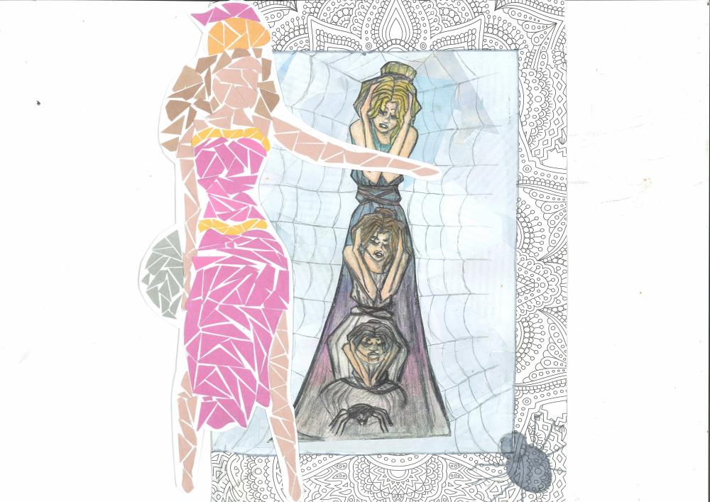 A coloured mosaic-style Athena stands before a coloured pencil sketch Arachne as she is transformed into a spider on a web; all before a floral patterned backdrop.