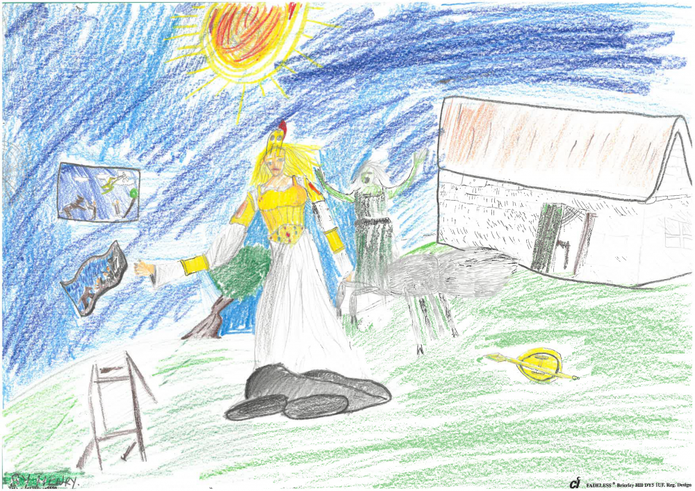 Coloured pencil drawing of the goddess Athena dressed in her armour next to two tapestries and an easel. Beside her, Arachne transforms into a spider, with her arms raised in protest. Behind her is Arachne's house: a spider's web can be seen inside.