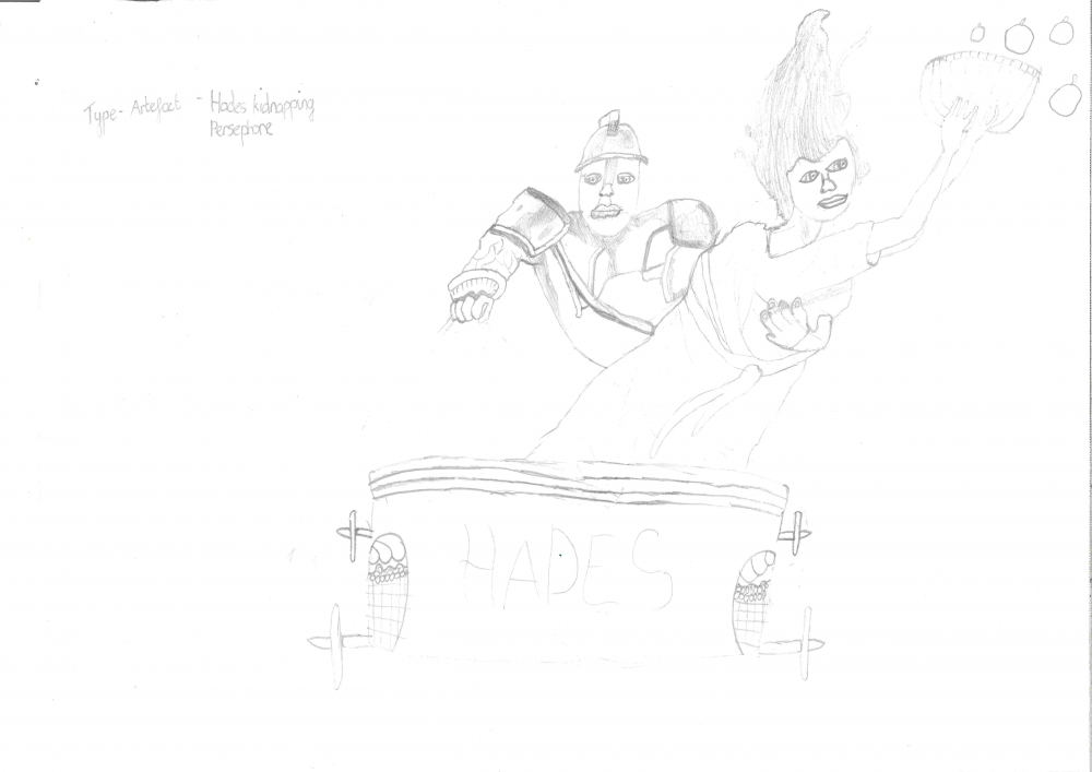 Pencil drawing of an armoured Hades adbucting Persephone in a chariot labelled. Persephone flings apples upwards out of a basket as she struggles against him.