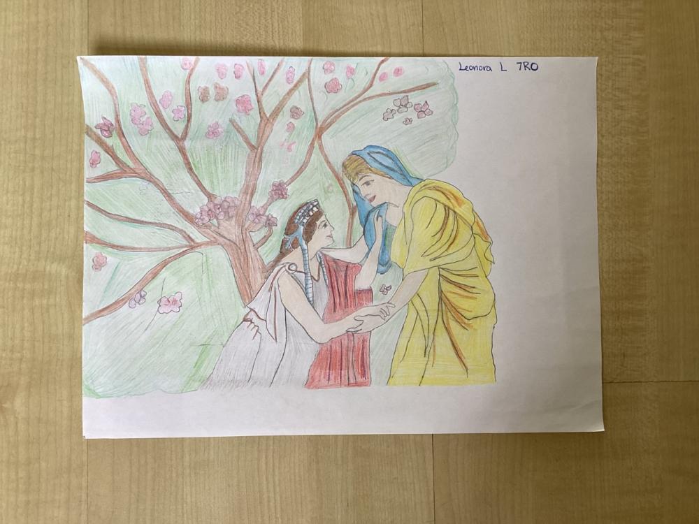 Two classically dressed ladies stand before a tree in blossom. One is helping the other up.
