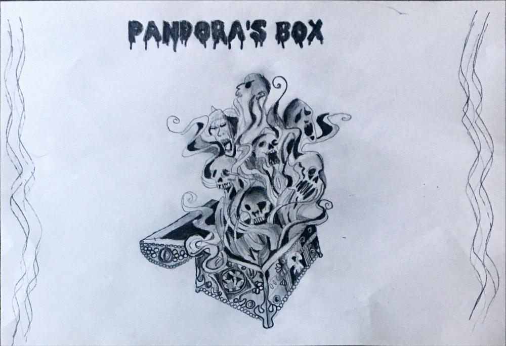 Pencil sketch labelled 'Pandora's Box'. The heavily jewelled and decorated box is open with skulls and faces drifting up in a cloud of vapour or smoke.