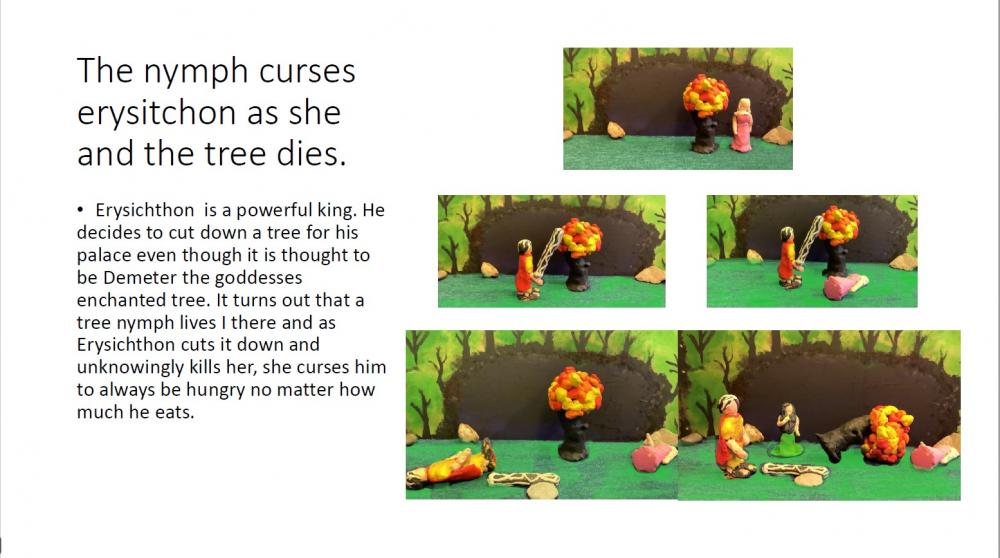 Sample page with text and plasticine models showing Erysichthon cutting down tree and thereby killing the tree nymph who curses him to always be hungry.