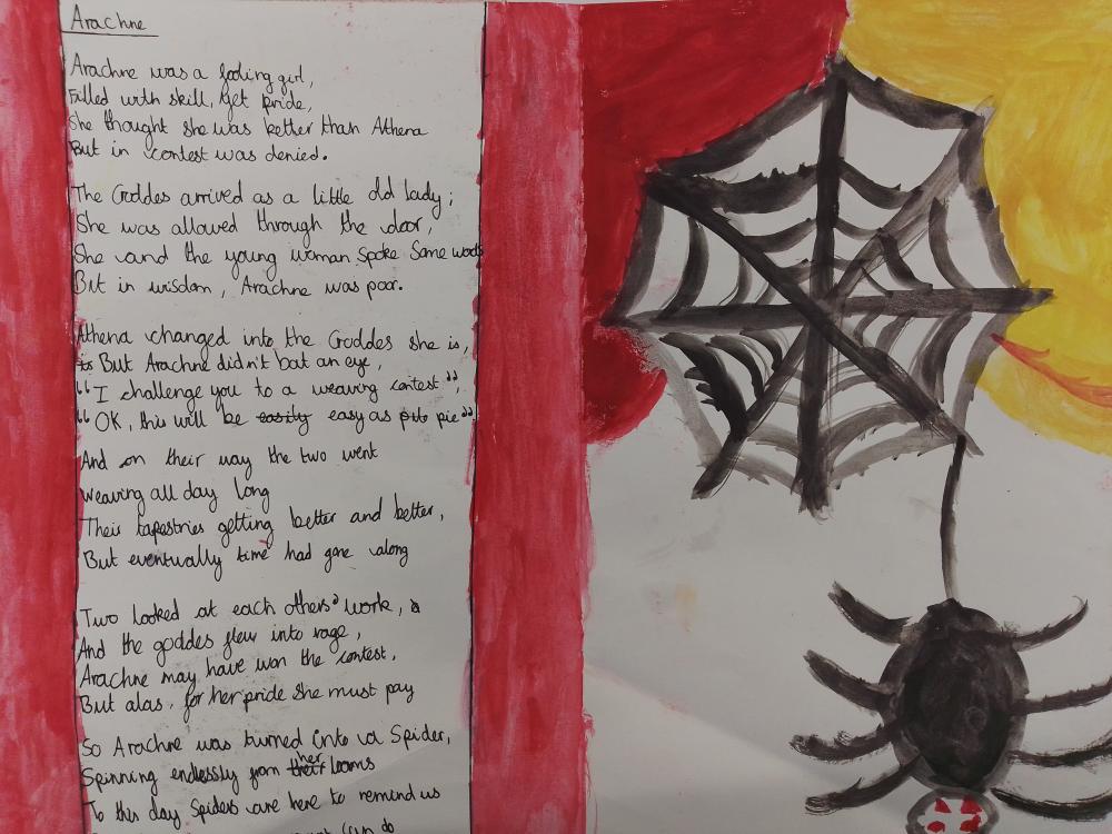Poem with accompanying painting showing a black spider hanging from a web between red and yellow hangings.