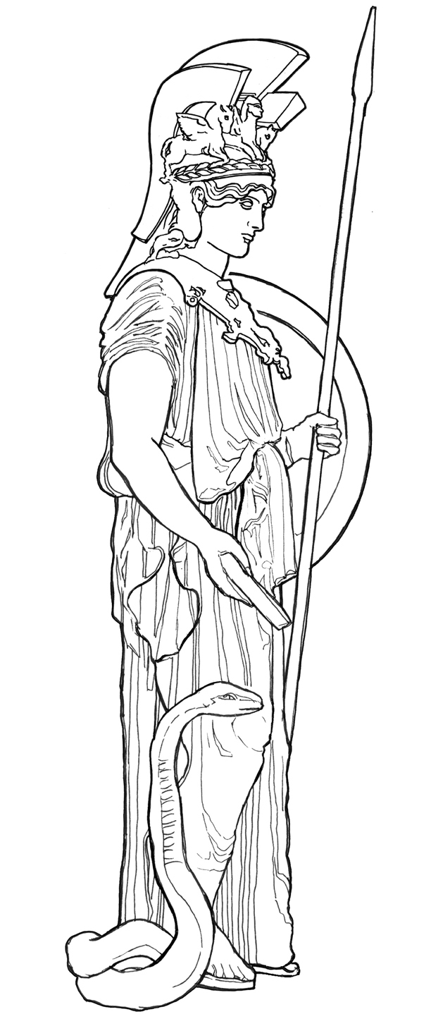 Line drawing of the goddess Athena wearing a helmet with three crests, holding a spear and a shield, and standing next to a snake.