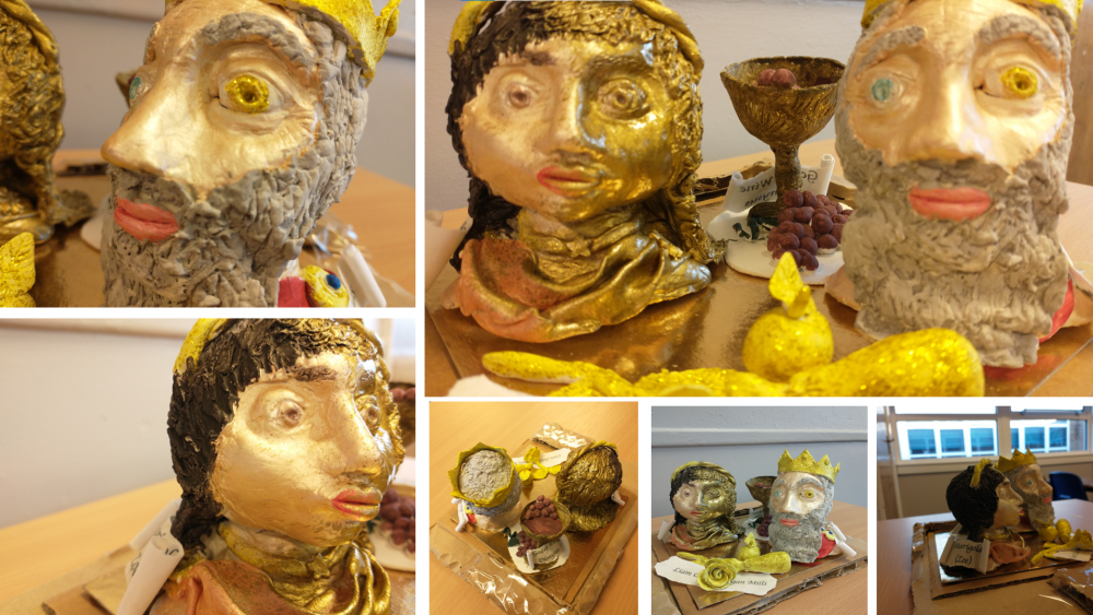 Photo collage showing King Midas, his daughter and a feast transforming into gold.