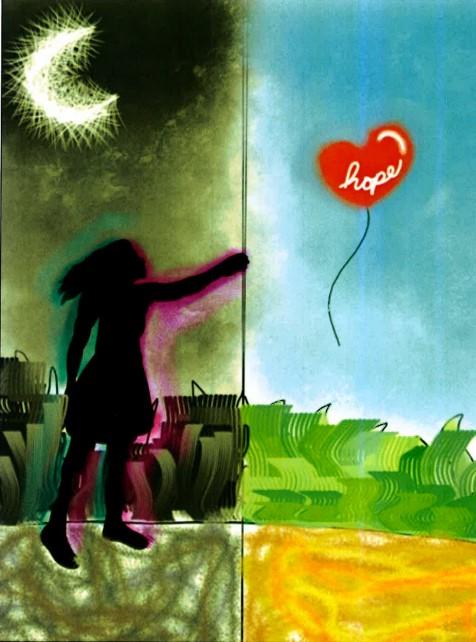 Digital artwork split down the middle between day and night. On the left, Pandora in a nightscape bright with moonlight loses her grasp of something she reaches for. On the right, in daylight, is the balloon she has lost, labelled 'hope'.
