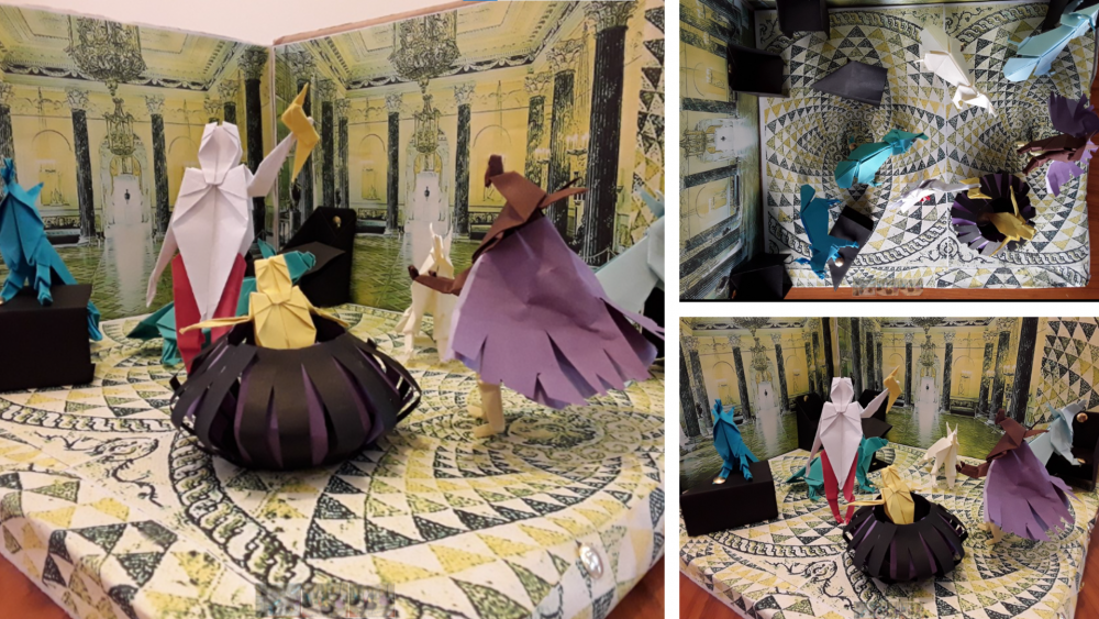 Photo collage showing origami models of Zeus turning King Lycaon and his men into wolves against the backdrop of his palace.