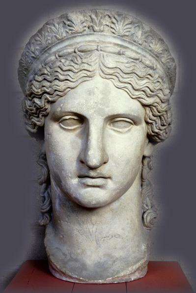Marble head of the goddess Hera, with wavy hair and a headband.