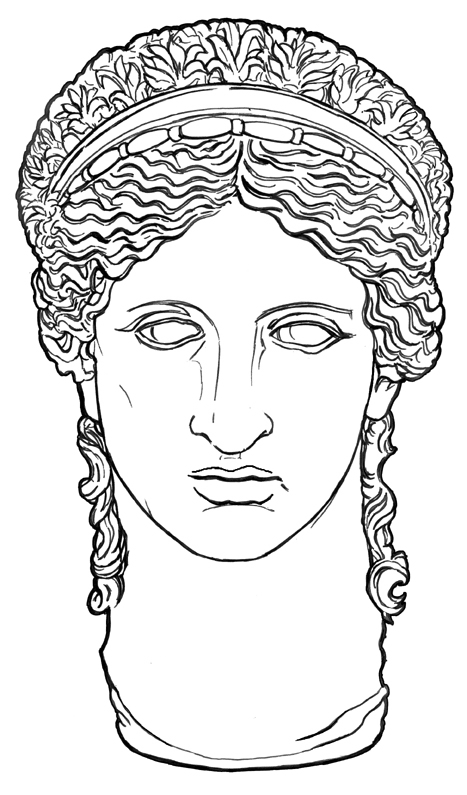 Line drawing of the head of the goddess Hera, with wavy hair and a headband.