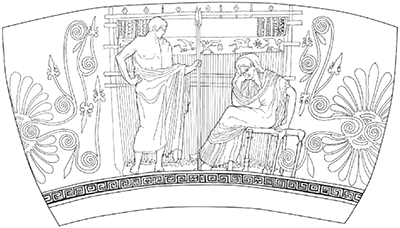 Line drawing of Penelope and Telemachus. Penelope sits at her loom resting her chin on her hand, and Telemachus stands beside her holding a spear.