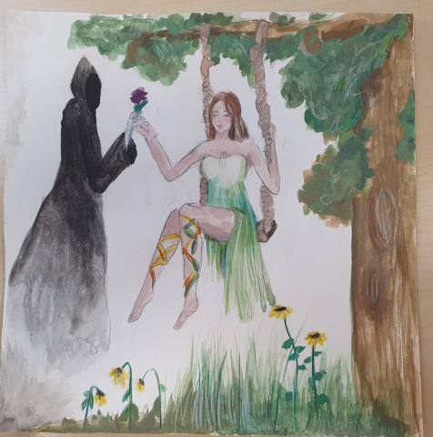 A lean shadowy figure hands a posy of flowers to a girl on a swing.