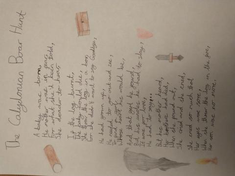 Photo of a handwritten poem based on the myth of the Erymanthian Boar, interspersed with hand-drawn illustrations.