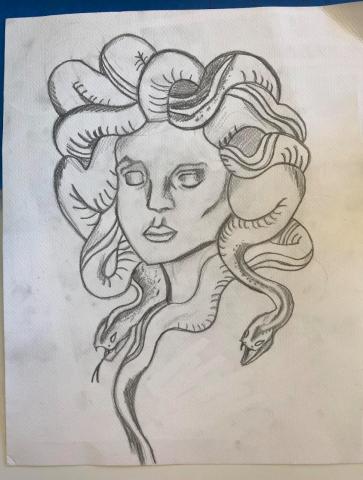 A pencil sketch of Medusa with blank, stony eyes and muscular snakes for hair.