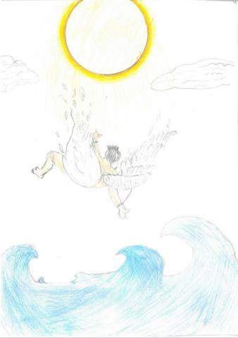 A coloured pencil sketch showing Icarus in the moment of plummeting to his death, hot sun above and angry waves below. The figure of Icarus is captured with an unusual level of dynamism and pathos.