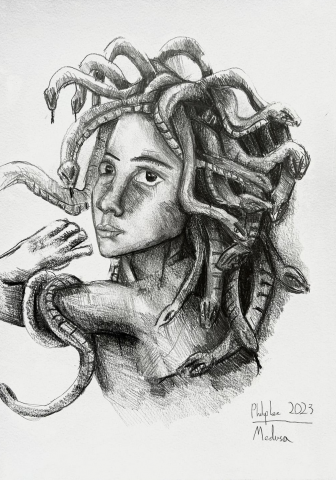 A pencil sketch of Medusa looking at the viewer over her shoulder. The youth and innocence of her gaze contrasts with her fierce mane of snake hair.