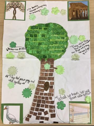 A picture of a tree made of a collage of glittering green and brown tiles, surrounded by appliqué flowers and commentary on the Baucis and Philemon story. 