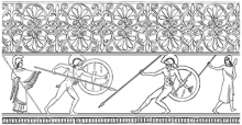 Line drawing of Achilles fighting Hector. Both are naked except for a helmet, spear, sword and shield, and each is supported by a god or goddess.