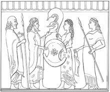 Line drawing of Achilles receiving his new helmet and shield from his mother Thetis. A male and a female figure stand on either side of them holding spears.