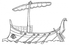 Line drawing of a Greek ship with a single mast and an eye painted on the prow.