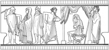 Line drawing of Briseis being taken away by soldiers. Achilles remains in his tent with his face covered.