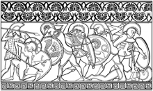 Line drawing of a vase painting of hoplite soldiers fighting each other.