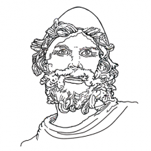 Line drawing of the bearded face of Odysseus.