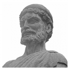 Photograph of the head and shoulders of a stone statue of Odysseus.
