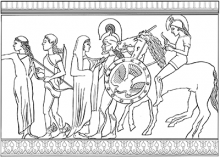 Line drawing. In  the centre Andromache, her head covered, converses with Hector, wearing full armour.