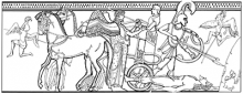 Line drawing combining two scenes. On the left, Achilles drives his chariot, with the corpse of Hector being dragged behind it. The winged figure of Hector's spirit stands nearby. On the right, Achilles stands in full armour next to the tomb of Patroclus.