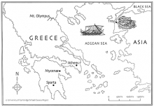 Map of Greece, the Aegean Sea, Ionian coast of Anatolia and the extreme south-west edge of the Black Sea. The locations of Sparta, Mycenae, Athens, Mount Olympus and Troy are marked on it.