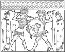 Line drawing of Menelaus duelling Paris. Both are wearing full hoplite armour, with goddess standing behind them on each side.
