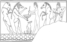 Line drawing of Circe, surrounded by human-animal hybrids and with a dog at her feet, stirs a bowl full of potion. On the right, Odysseus draws his sword.