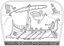 Line drawing showing Odysseus' ship, with Odysseus himself tied to the mast with ropes, being attacked by sirens with women's heads and brids' bodies.