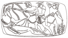 Line drawing of Odysseus and his crew blinding the cyclops with a sharpened stake.