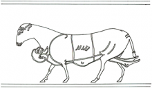 Line drawing of a bearded man tied to the underside of a sheep.