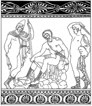 Line drawing of Odysseus in the Underworld consulting the ghost of Tiresias, who has come to drink the blood of the sacrificial lamb at Odysseus' feet.