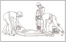 Line drawing of the sleeping Odysseus being carried ashore by the Phaeacians, along with gifts from Alcinous.
